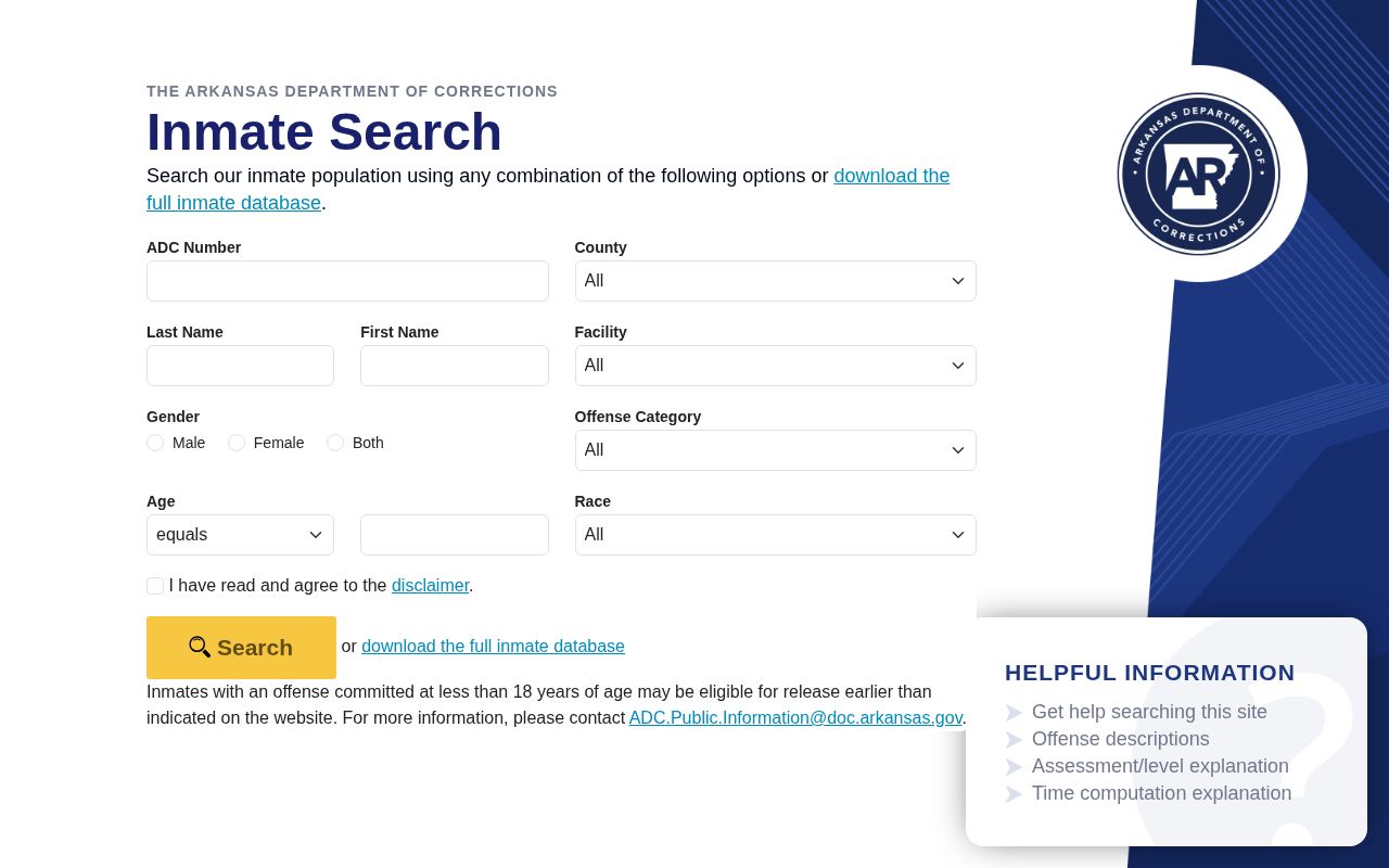 Arkansas ADC offender photo search for Lee County state custody records